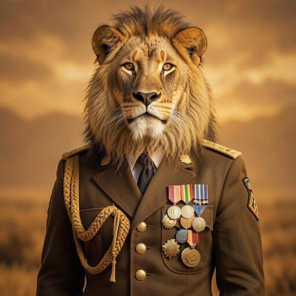 Affiche d'un lion portant un uniforme militaire orné de médailles, tons chauds et dorés