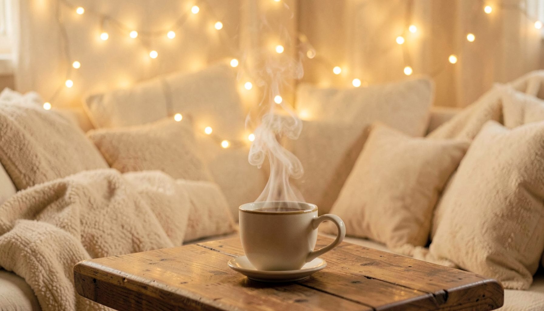 Ambiance chaleureuse avec guirlandes lumineuses, coussins douillets et une tasse fumante sur une table en bois, tons crème
