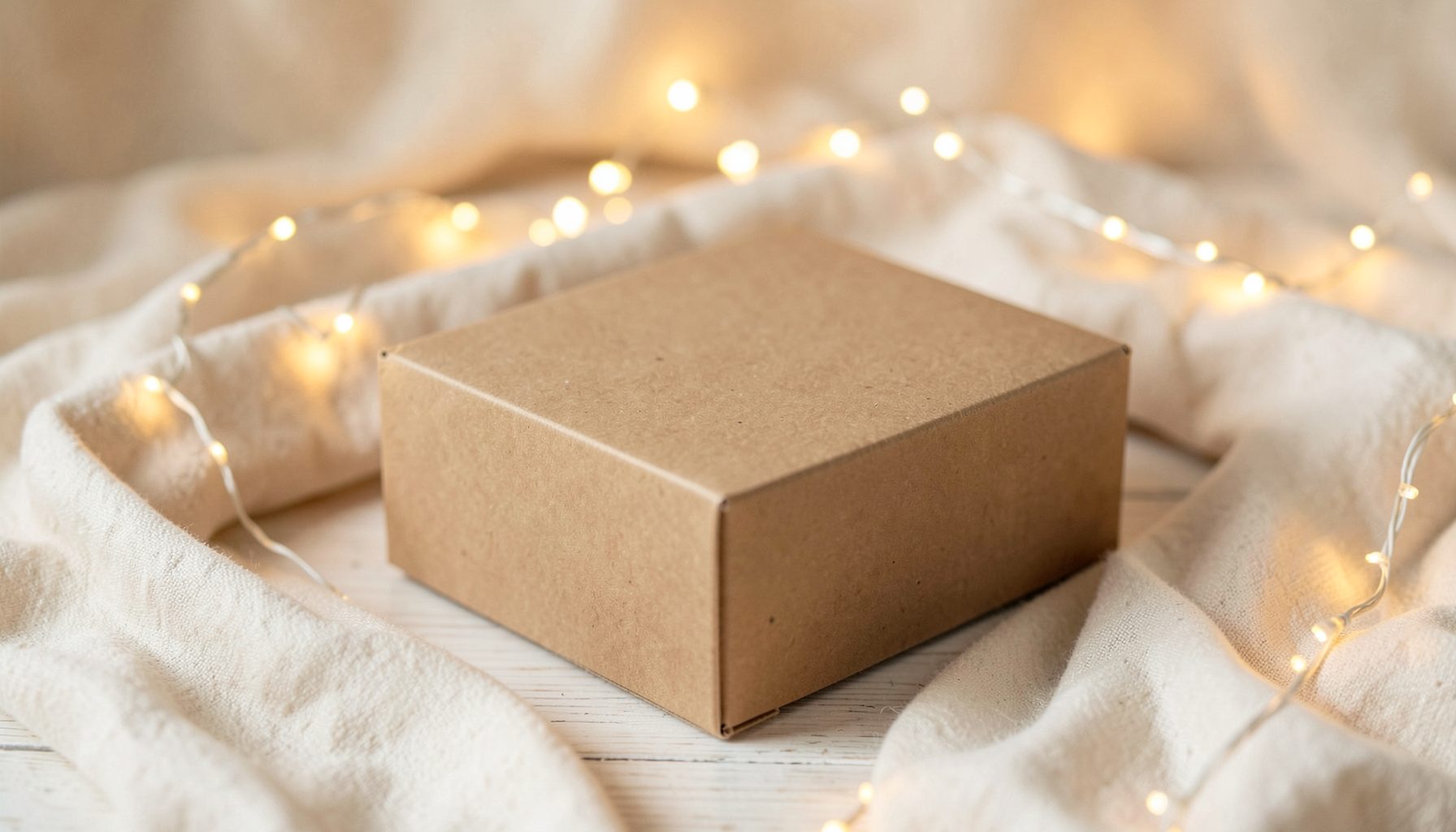 Colis en carton kraft posé sur une table en bois clair, entouré de tissu doux et d'une guirlande lumineuse à la lueur chaleureuse