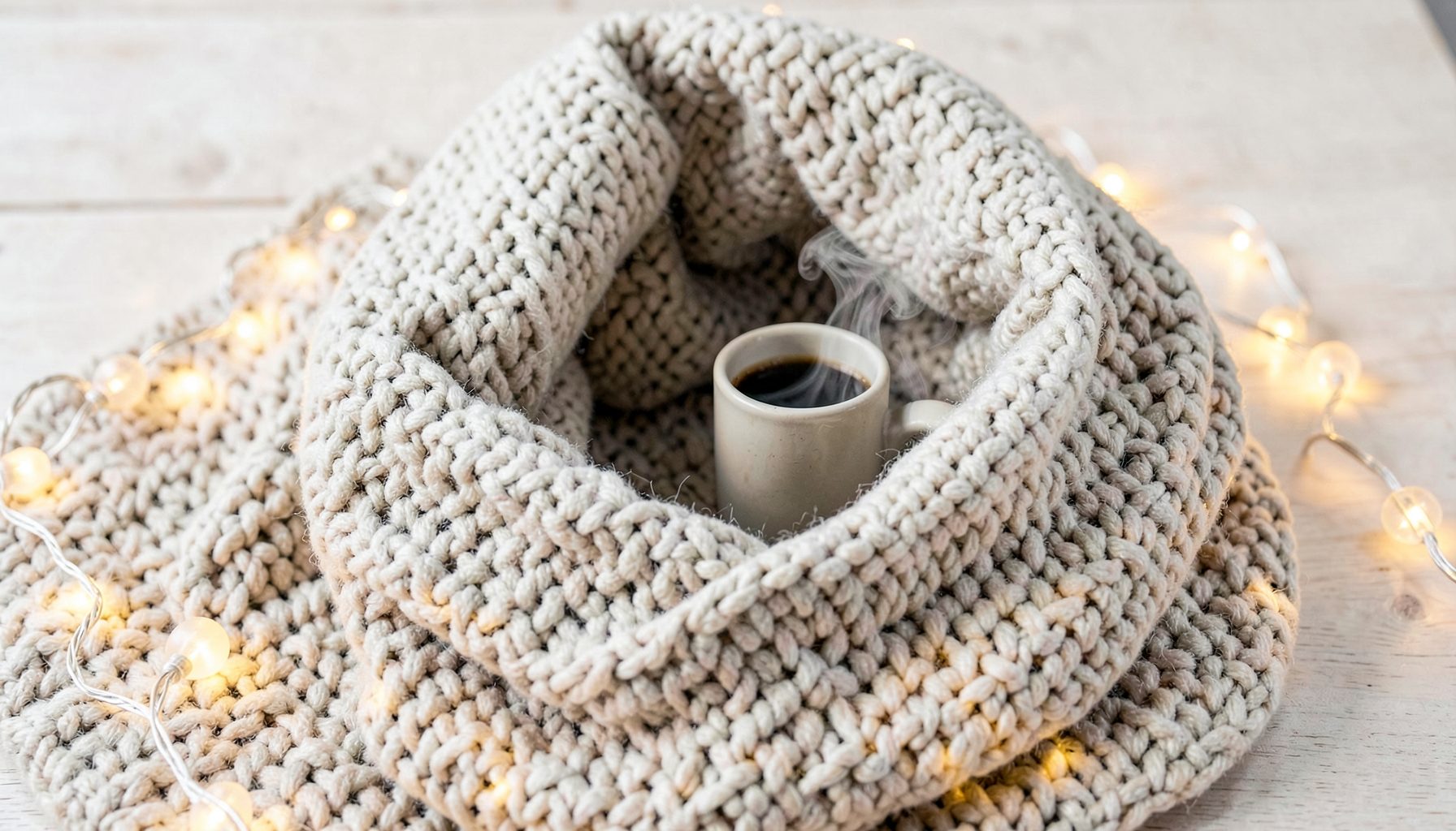 Composition cocooning avec un plaid en grosse maille, une tasse fumante et une guirlande lumineuse sur un fond de bois chaleureux