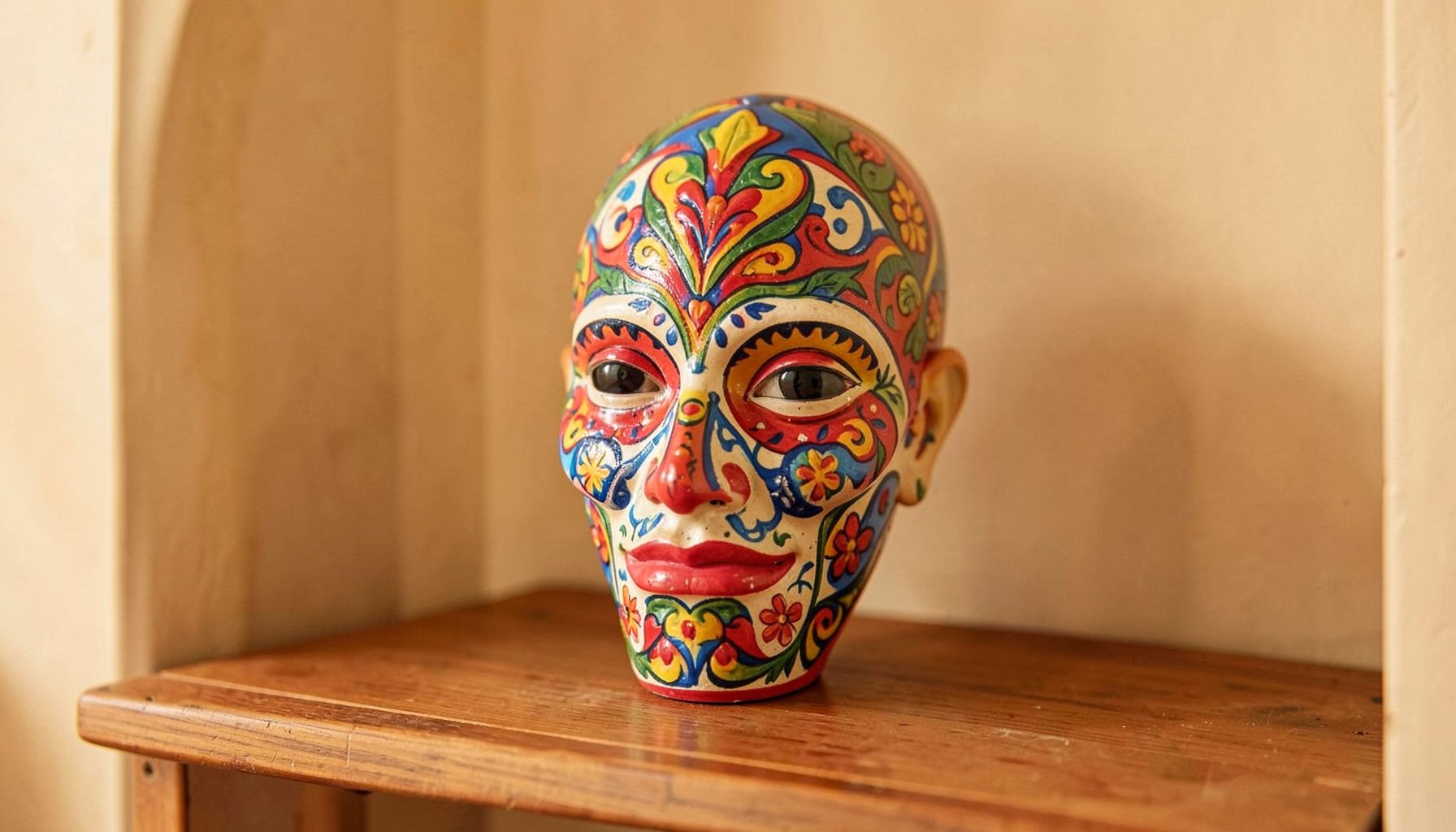 Crâne décoratif mexicain aux motifs floraux multicolores posé sur une étagère en bois dans un intérieur chaleureux