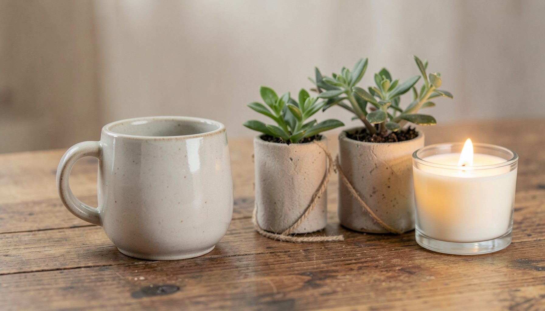 Ensemble cadeau cocooning avec une tasse en céramique, une petite plante et une bougie sur une table en bois