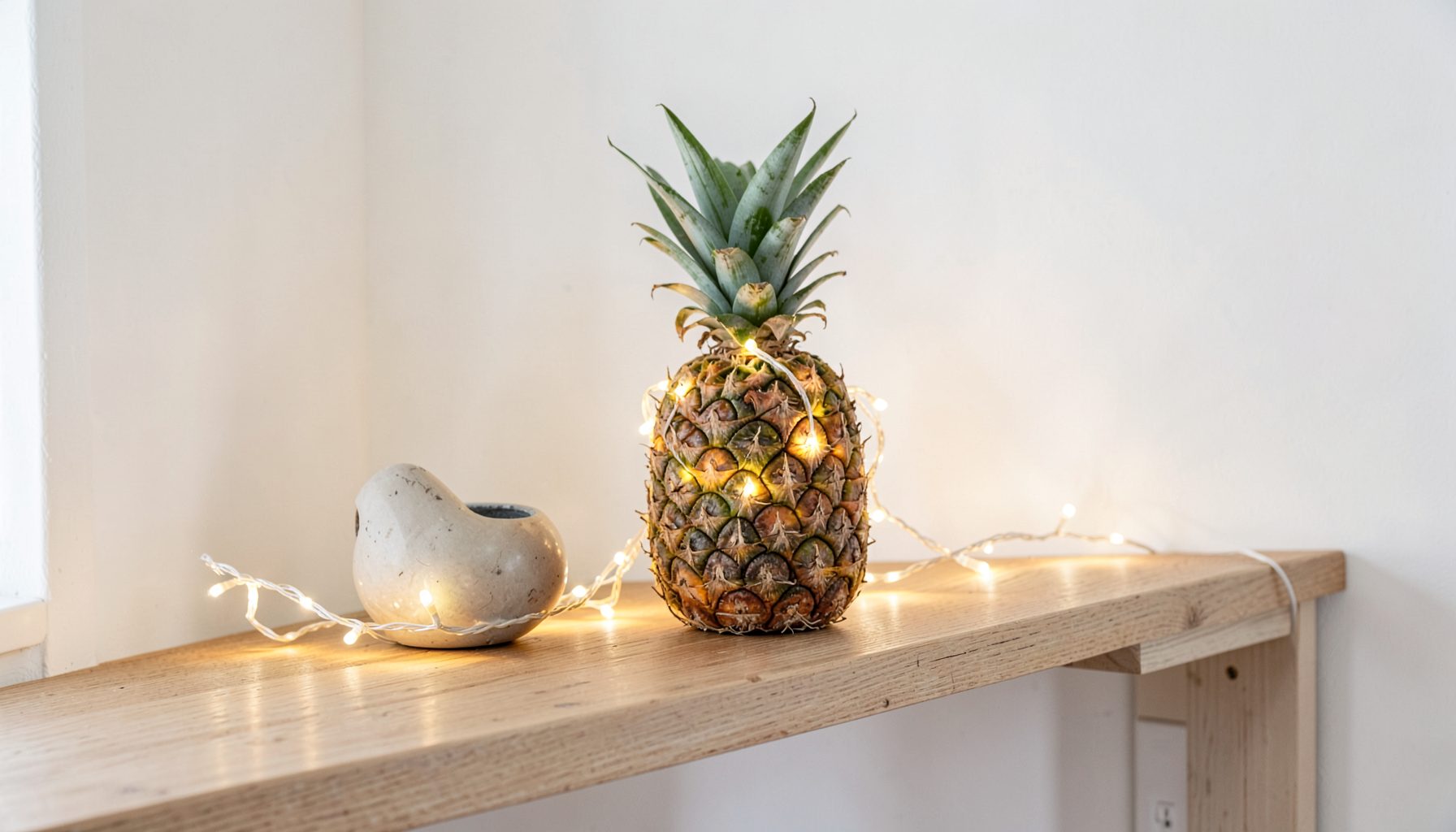 Guirlande lumineuse LED en forme d'ananas disposée sur une étagère en bois clair dans un intérieur scandinave