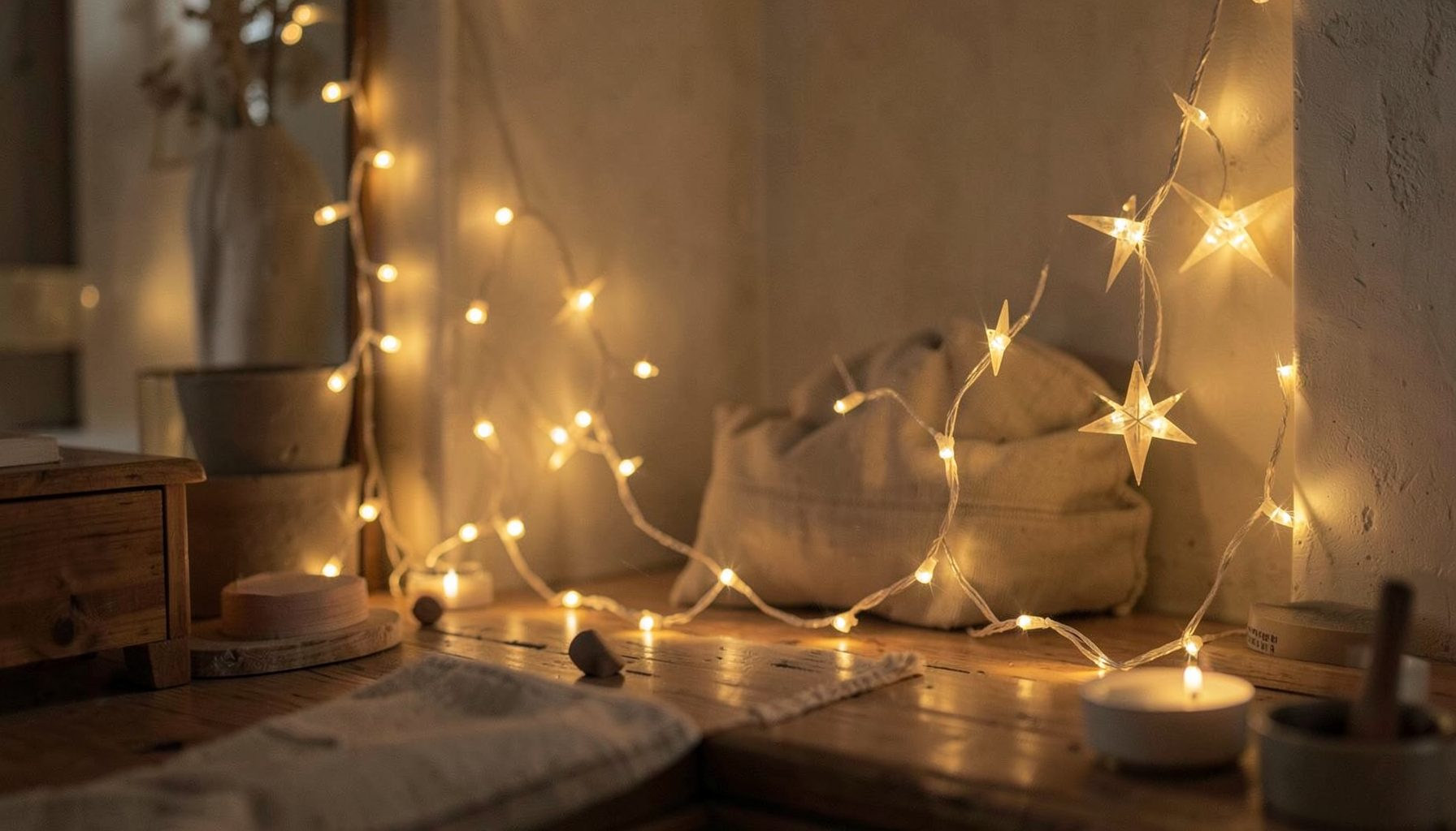 Guirlande lumineuse LED en forme d'étoiles diffusant une lueur dorée et chaleureuse dans un intérieur tamisé