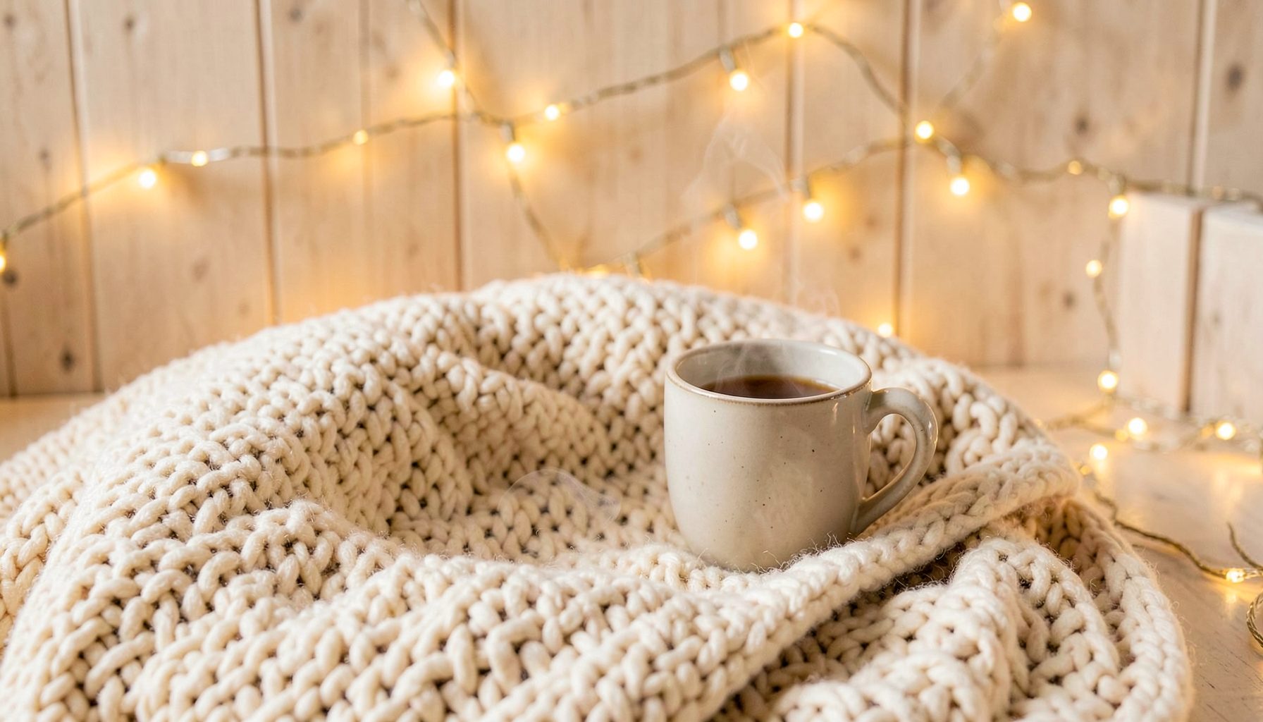 Intérieur chaleureux avec un plaid en grosse maille, une tasse fumante et une guirlande lumineuse dorée sur un fond de bois clair