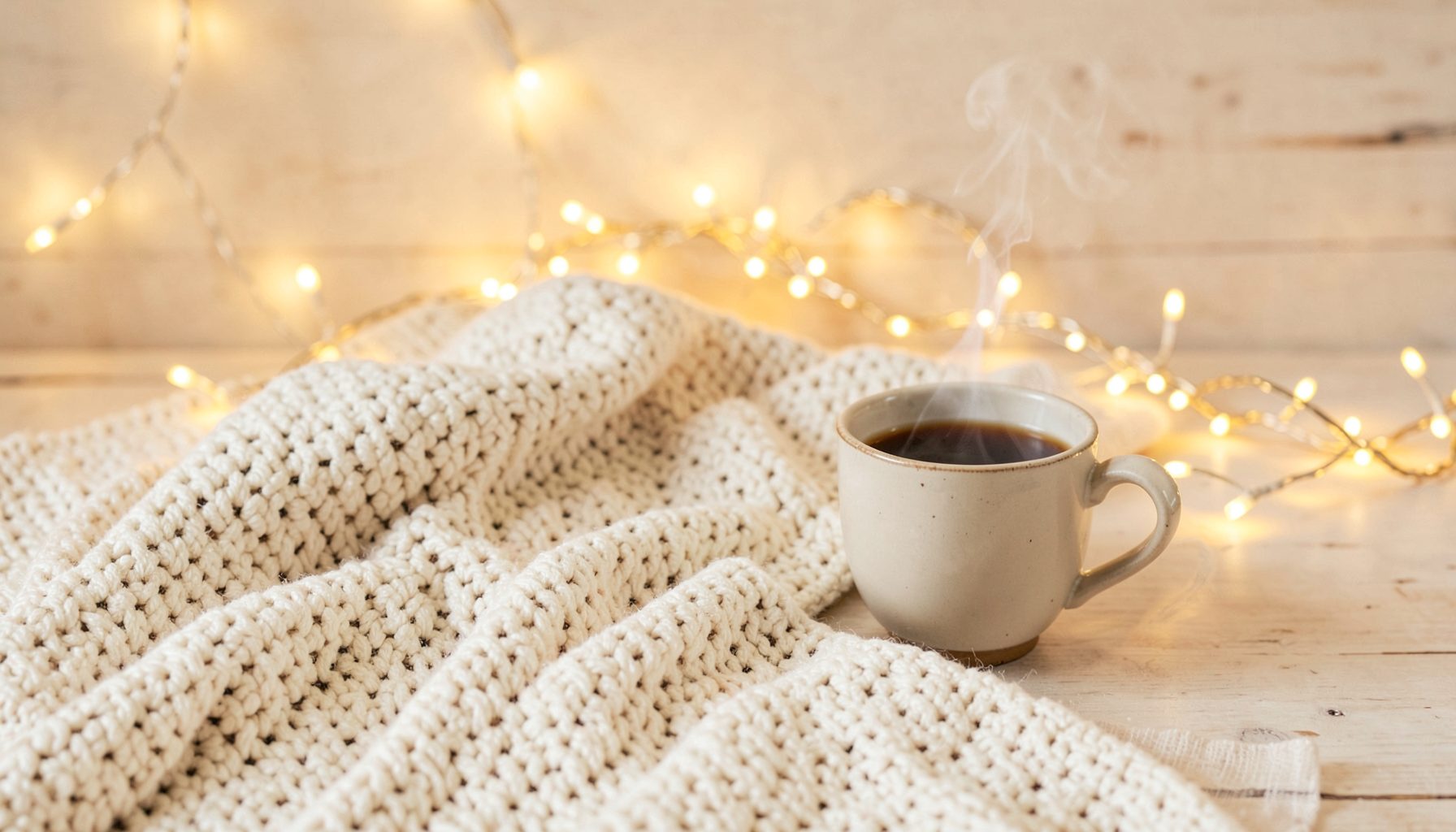 Intérieur chaleureux avec un plaid en grosse maille, une tasse fumante et une guirlande lumineuse dorée sur un fond de bois