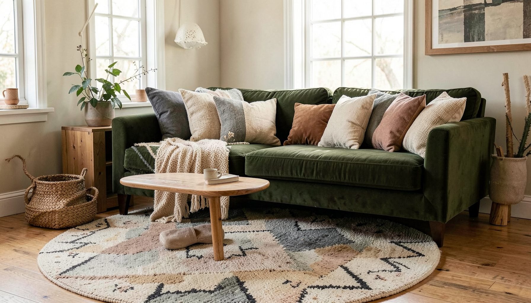 Intérieur scandinave chaleureux avec un tapis rond géométrique au sol, un canapé en velours et des coussins aux tons naturels
