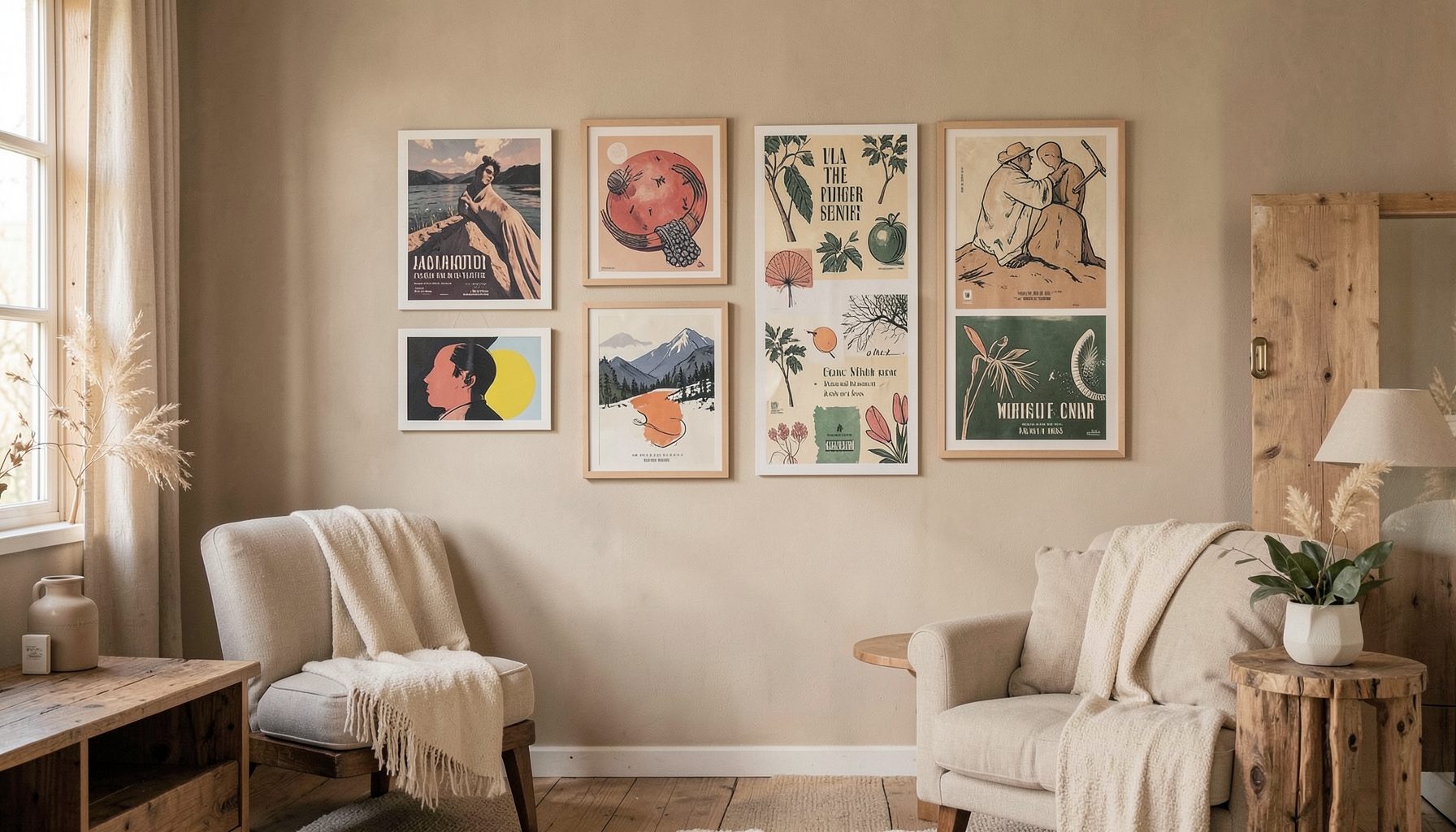 Mur décoré de plusieurs affiches aux styles variés dans un intérieur chaleureux aux tons neutres et boisés