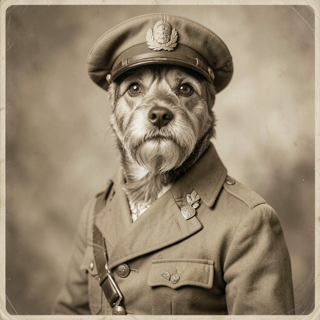 Portrait stylisé d'un chien en tenue militaire, tons sépia et kaki, ambiance vintage
