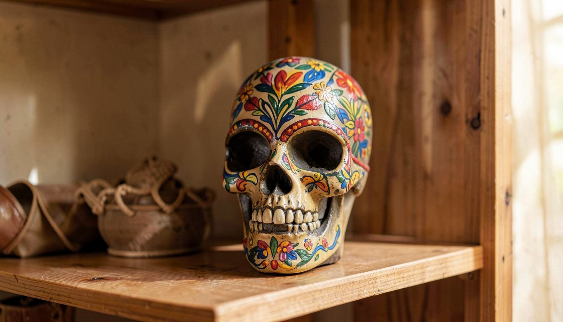 Statue décorative de crâne mexicain aux motifs floraux multicolores posée sur une étagère en bois dans un intérieur chaleureux