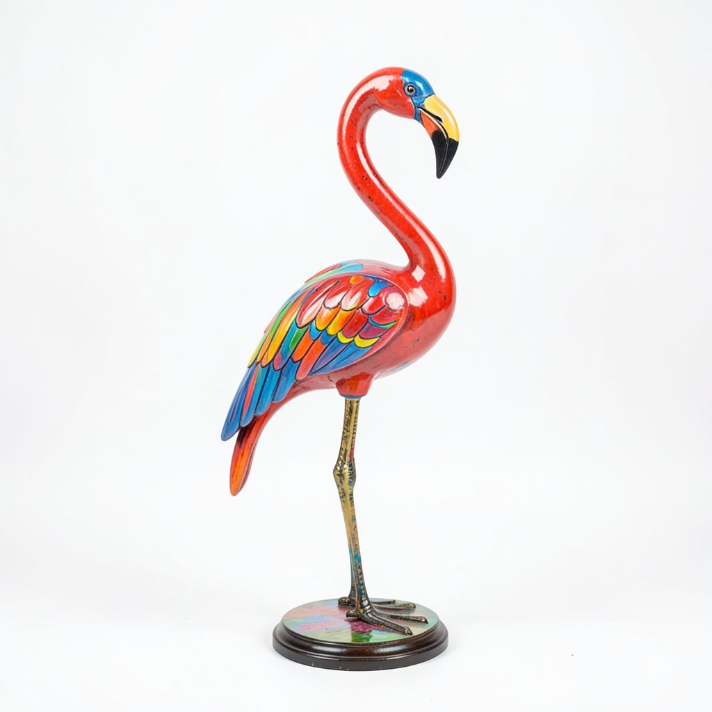 Statue décorative de flamant rose en métal peint, silhouette élancée sur fond blanc, style tropical élégant