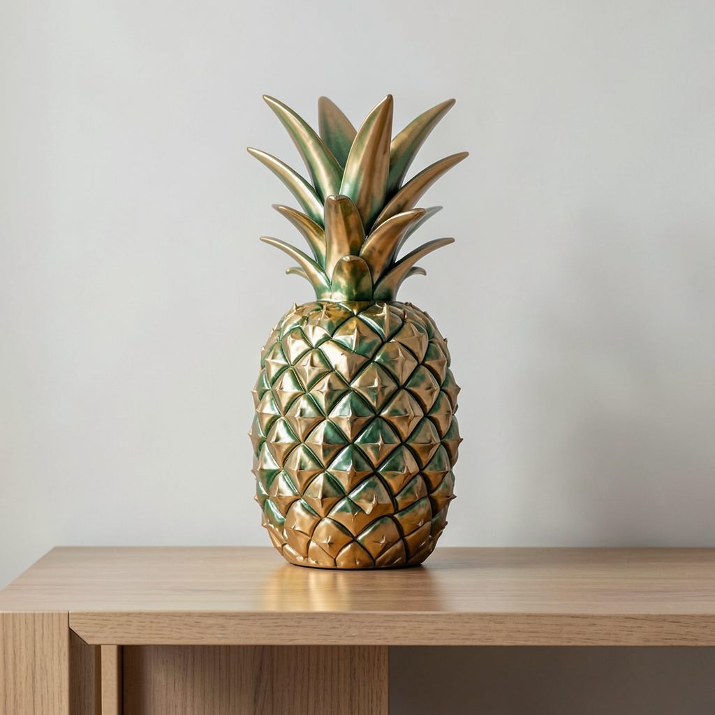 Statue décorative en forme d'ananas au design moderne, tons dorés et verts, posée sur une console