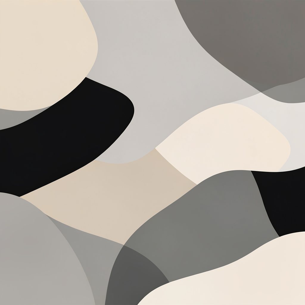 Tableau nordique abstrait aux formes géométriques douces, tons beige, gris et noir
