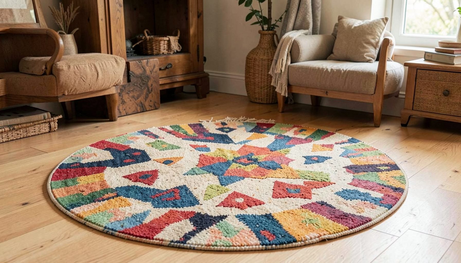 Tapis rond de style scandinave aux motifs géométriques colorés, posé sur un parquet clair dans un intérieur chaleureux