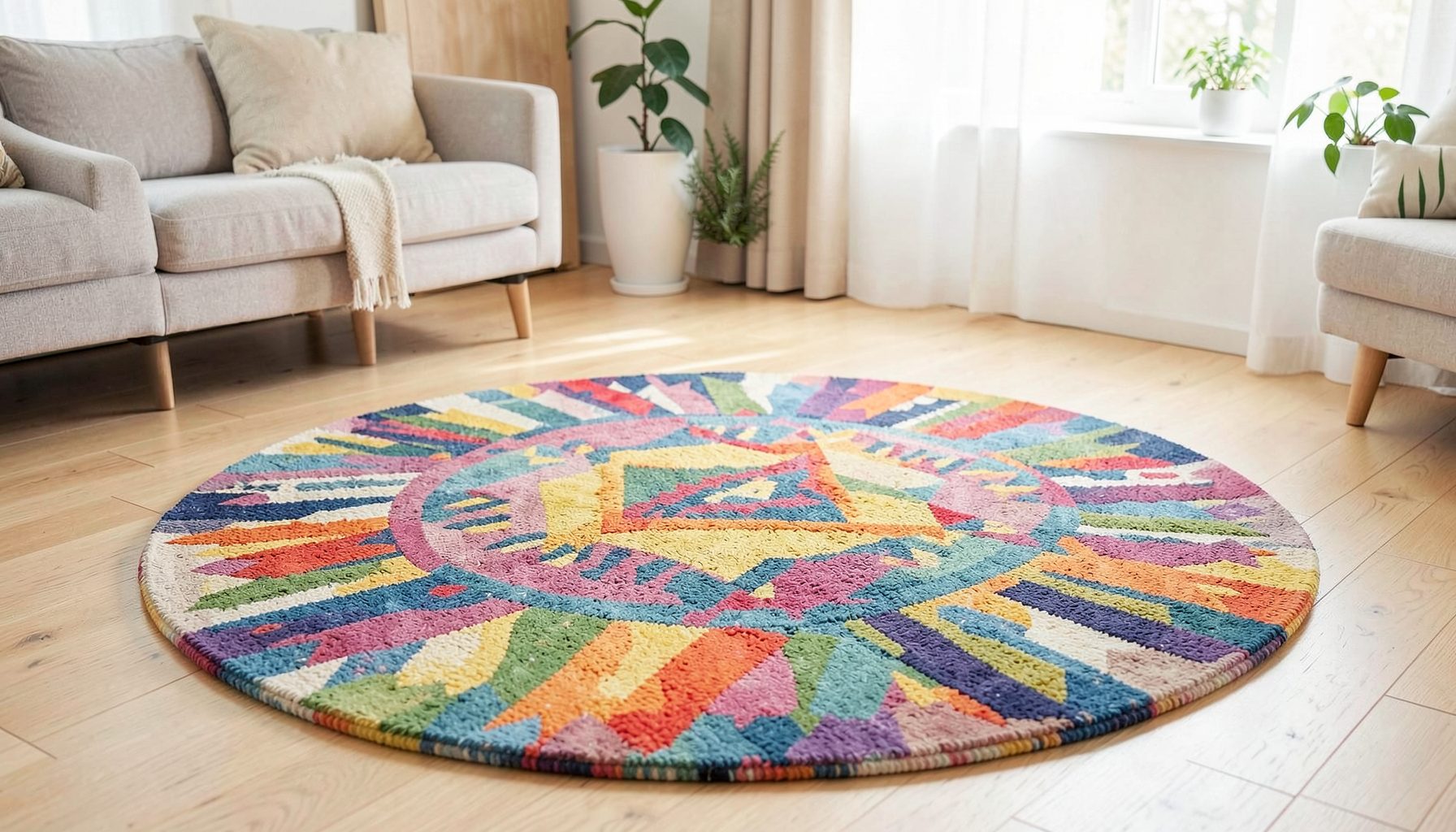 Tapis rond scandinave aux motifs géométriques colorés posé sur un parquet clair dans un salon lumineux